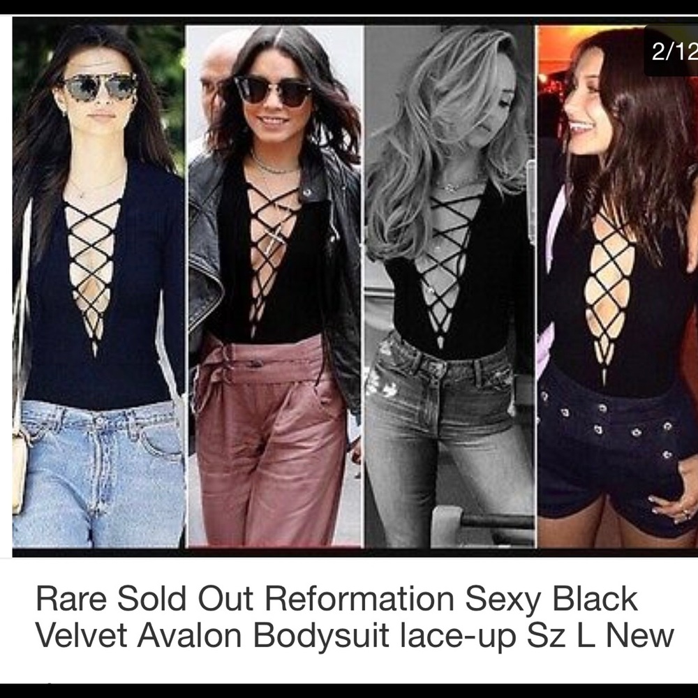 Reformation Avalon Black low cut velvet bodysuit.